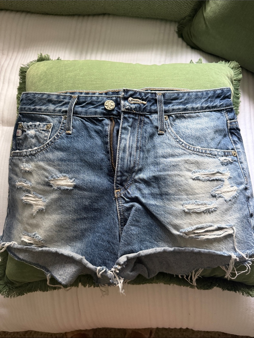 AG Adriano Goldschmied Light Blue Distressed Denim Shorts